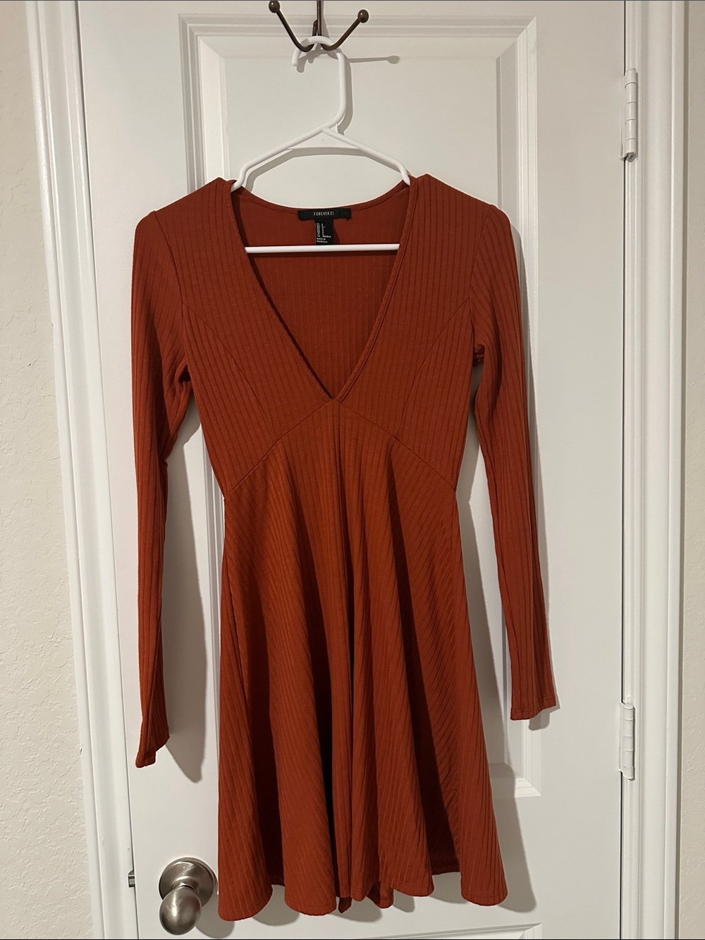 Forever 21 Rust V‑Neck Ribbed Fit-and-Flare Long Sleeve Dress